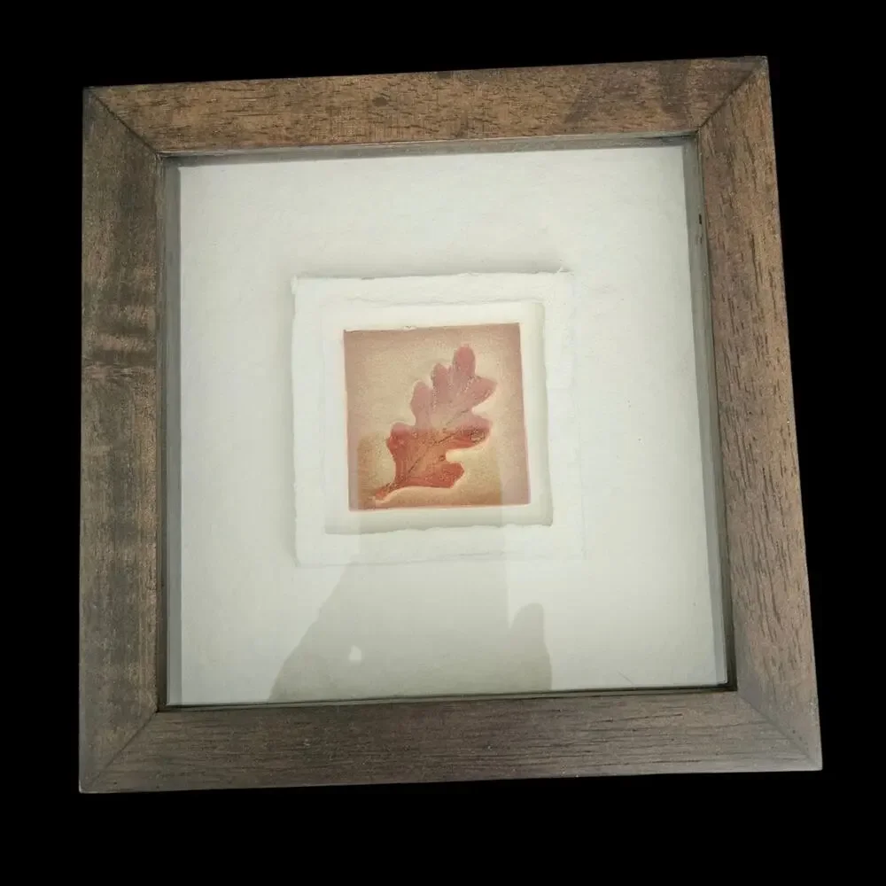 Framed Botanical Leaf Art Rustic Wood Frame Matted Red Brown Nature Decor